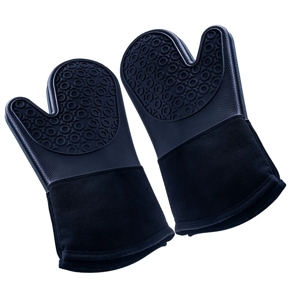 

2PCS Insulation Gloves Black Silicone Oven Mitts Heat Resistant Quilted Cotton Kitchen Baking Cooking BBQ Microwave Toast