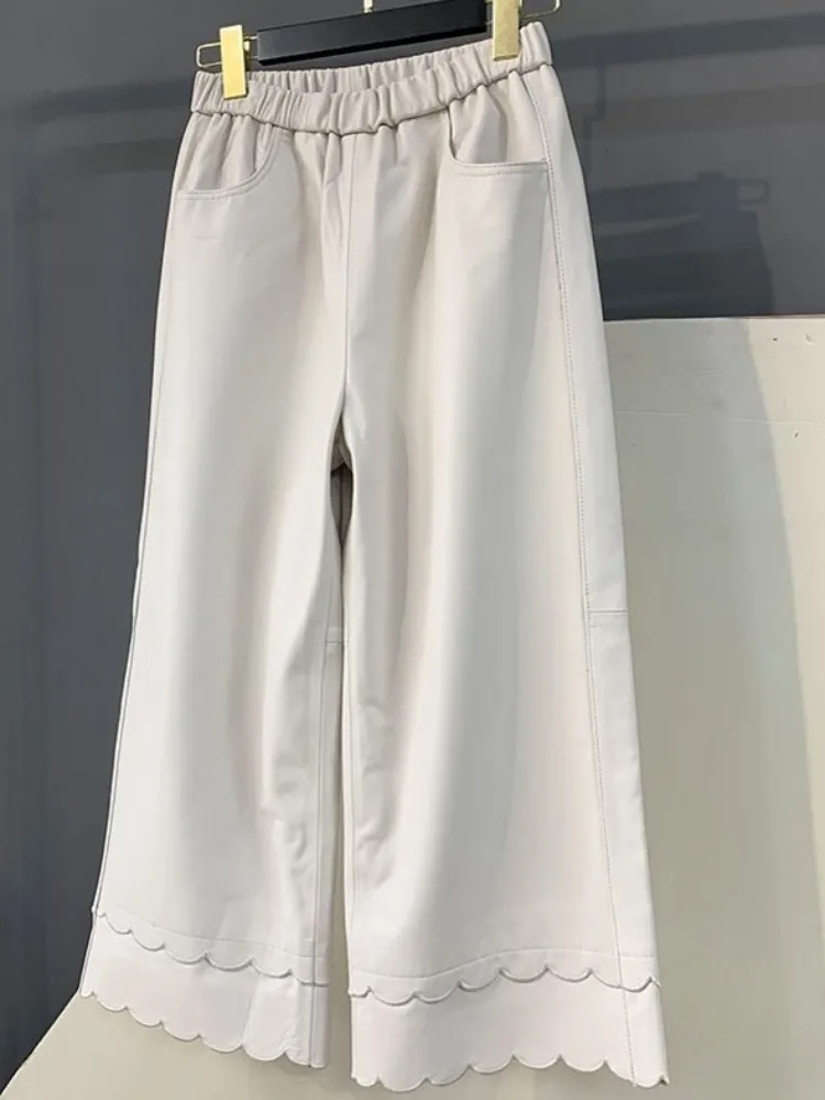 الترفيه نمط مرونة الخصر بلون جلد الغنم السراويل الموضة اليدوية جلد طبيعي السيدات جيب الكاحل طول السراويل