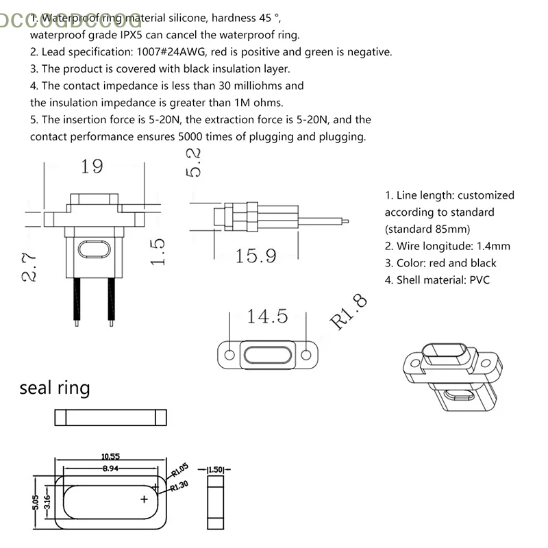 Current Fast Charging port Type-C 2Pin 4Pin Welding Wire Female Waterproof Female Socket Rubber Ring