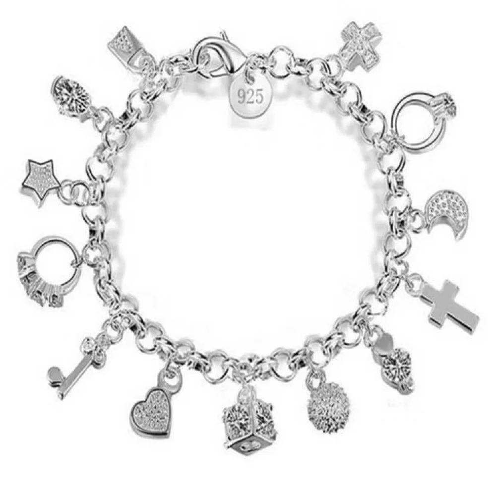 Silver Tone Charm Bracelet For Women, 13 Pendants Zinc Alloy Jewelry, Vintage Cross Heart Star Moon Lucky Gift view 6