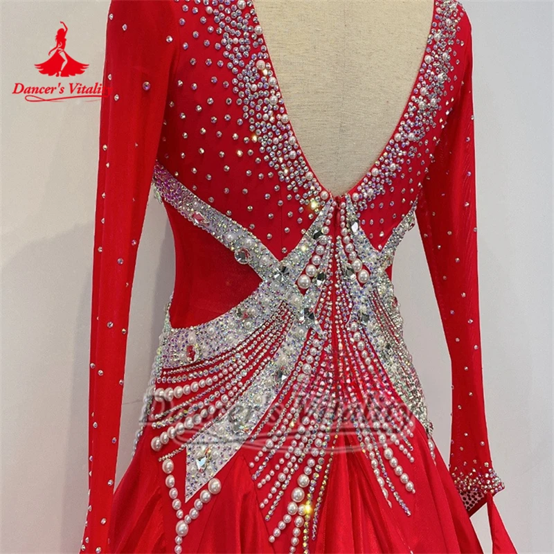 Volwassen Ballroom Dans Wals Hoogwaardige Parel Zijde AB Stenen Uitvoeren & Contest Grote Schommel Jurken Aangepaste Danser Vitaliteit