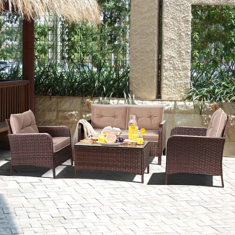 4 pieces of patio furniture, comfortable upholstered seating, garden lawn segmented conversation set with glass top coffee table