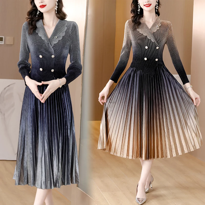 Pleated Dress 2024 Spring and Autumn New Women's Slim Fit Slim Suit Collar Large Fold Gold Velvet Long Over Knee Dress