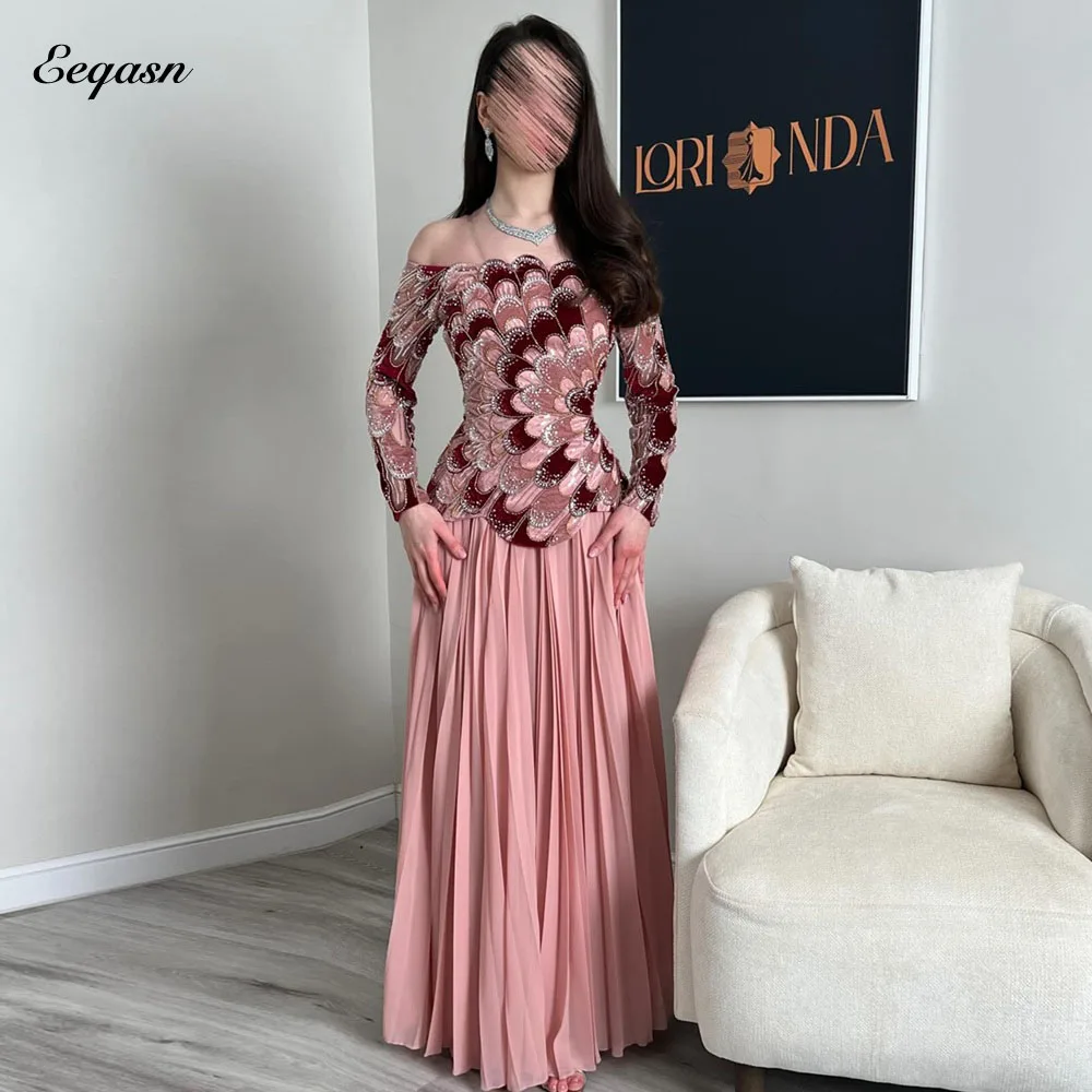 Eeqasn Maßgeschneiderte, hochwertige, schulterfreie, langärmlige, A-Linien-Kleider aus Chiffon mit Falten, trägerlos, maßgeschneidert für besondere Anlässe, formelle Abendkleider