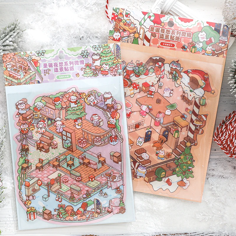 3 قطع من بطاقات عاشق [سلسلة الأحلام الليلية لعيد الميلاد من فئة حديقة الحيوان] ملصقات مناظر طبيعية مقاومة للماء ثلاثية الأبعاد تتميز بيت خبز الزنجبيل الثلجي