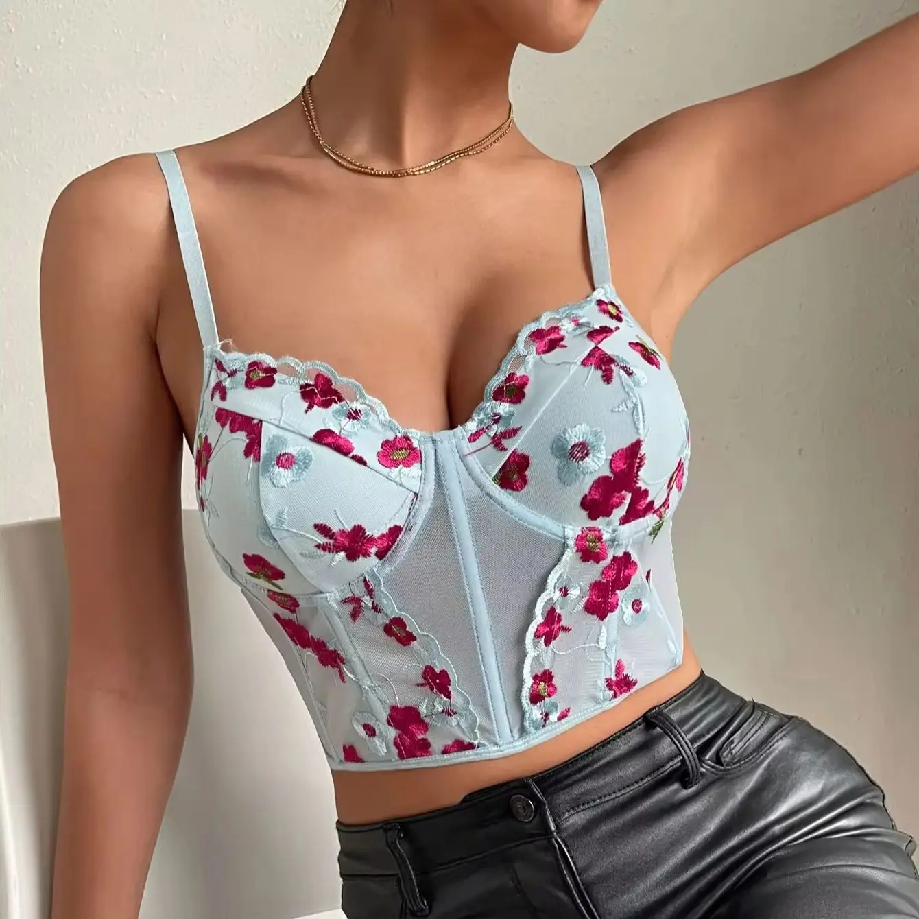 

Embroidery Floral Corset Sleeveless Crop Top Women Spaghetti Strap Camisole Sexy Lingerie Bone Slim Print Bustier Tank Tops Vest