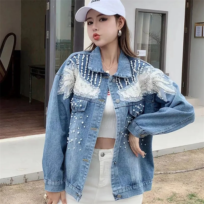 

Women Pearl Denim Jacket Spring autumn New Korean Lace Jeans Coat Vintage Female Fashion loose short Blue Cowboy Outerwear T410