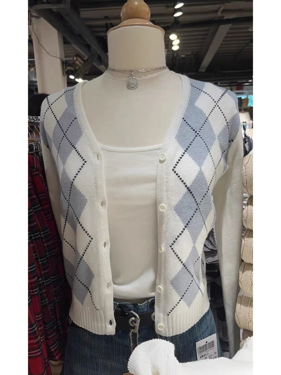 

Винтажный вязаный свитер Argyle, кардиган, осенний однобортный трикотаж с v-образным вырезом и длинными рукавами, милый тонкий укороченный топ в консервативном стиле, новый