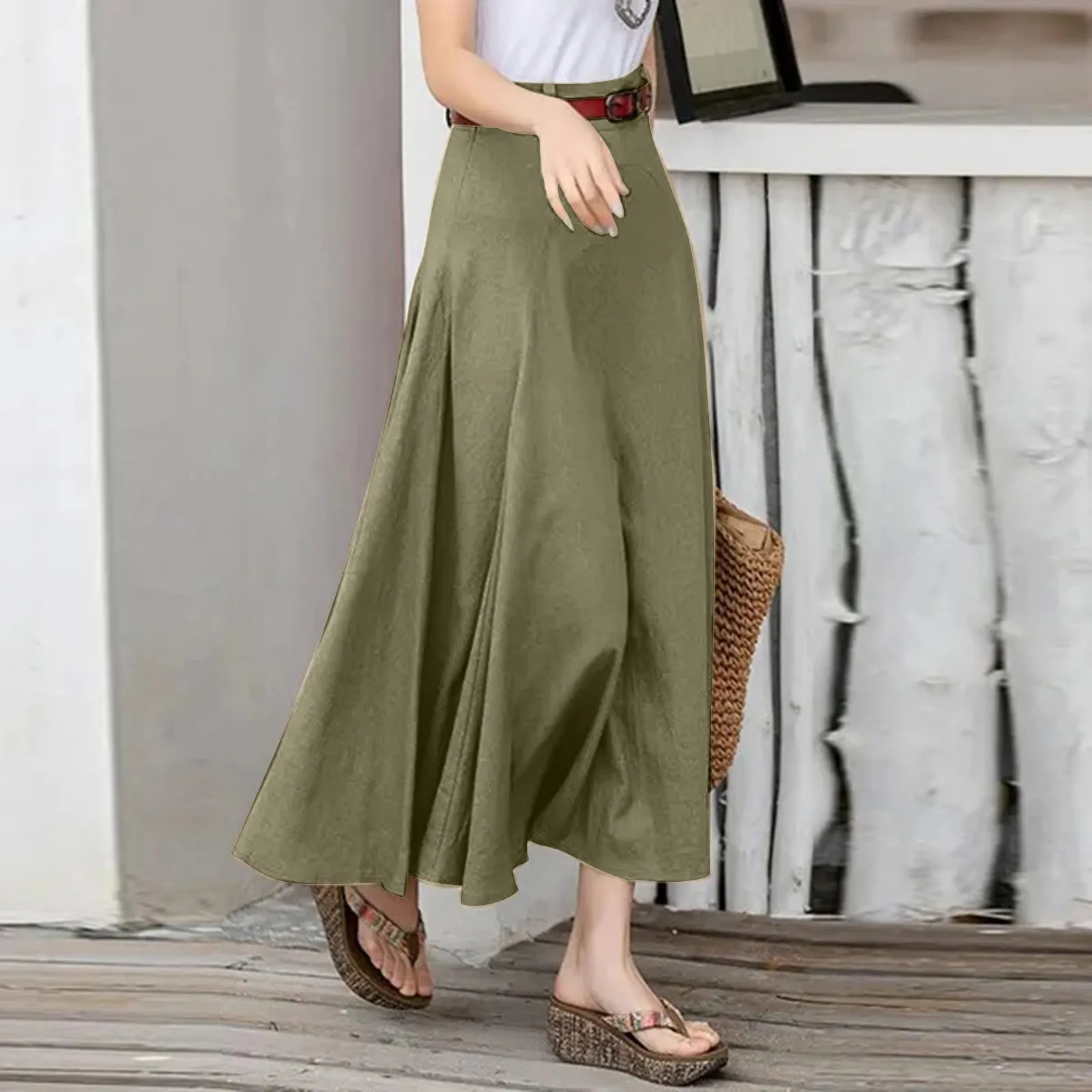 Elegante 2024 Zomer Casual Midi Rokken Vrouwen A-Lijn Oversized Patchwork Rok Effen Kleur Onderkant Dames Rits Hoge Taille Rok