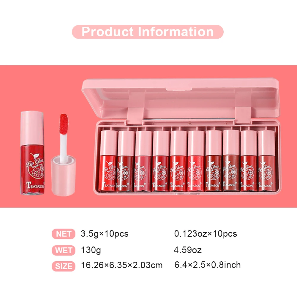 ชุดลิปกลอส 10 สี, ลิปกลอสให้ความชุ่มชื่น, ลิปกลอสเกาหลีขนาดเล็กอวบอิ่ม, คัพไม่ติดติดทนนาน, กันน้ํา, เม็ดสีสูง, ลิปสติกไวท์เทนนิ่งและผิว