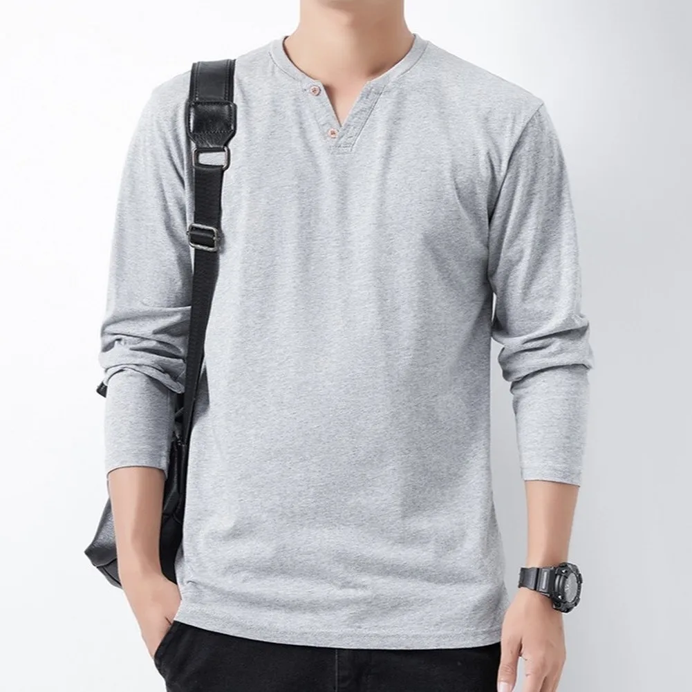 Men's Long Sleeve Solid Color V Neck T Shirt Loose Fit Bottom Button Regular Length Casual Sportswear Daily Top
