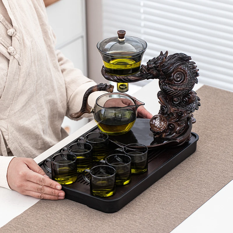 1 Set of Lazy Tea Set - Automatic Magnetic Water Spout Glass Teapot, Tea Cup, Tea Can, Tea Tray Chinese Kung Fu Tea Set