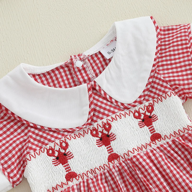 طفل الفتيات الصيف رومبير عارضة جراد البحر التطريز منقوشة دمية طوق قصيرة الأكمام الوليد بذلة لملابس أزياء الطفل