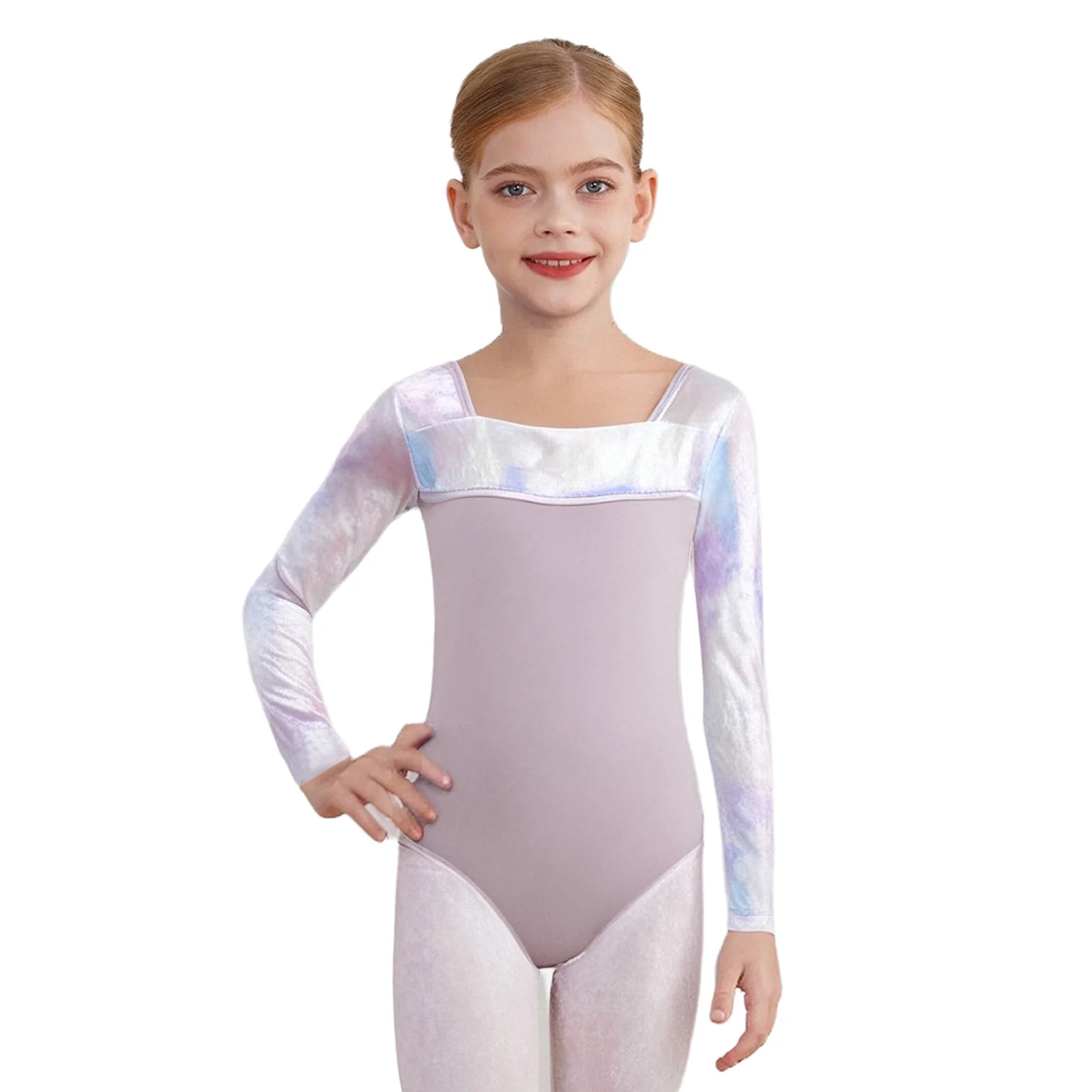 

Kids Girls Gymnastics Ballet Dance Practice Costume Square Neck Long Sleeves Tie-Dye Velvet Patchwork Leotard Bodysuit Dancewear