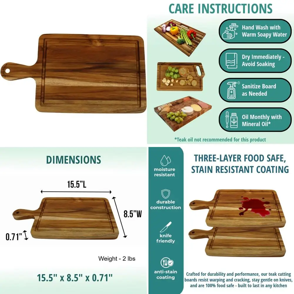 

"15.5" x 8.5" fsc-certified teak wood cutting board with handle, ideal for small kitchen prep and cheese charcuterie