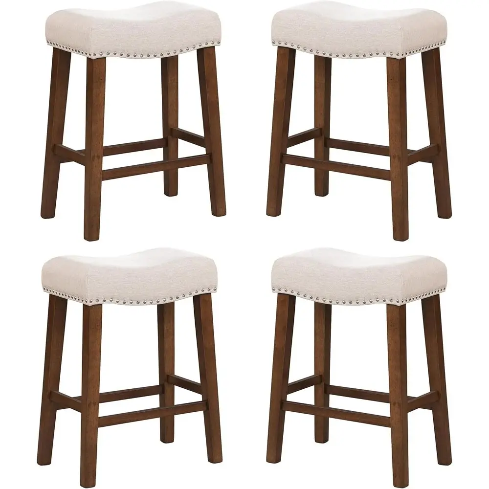 

Барные стулья для кухонного острова с обивкой, подставкой для ног, ножками из массива дерева и льняной обивкой с декоративной отделкой.