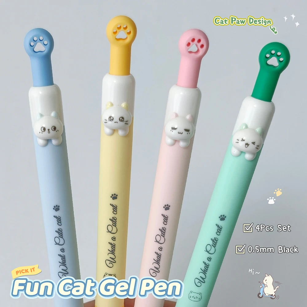 4Pcs Boxed Fun Cat Gel Pens 0.5mm Black Quick-Dry Pens Creative Simplicity Cute Writing Pen for Study and Office Use