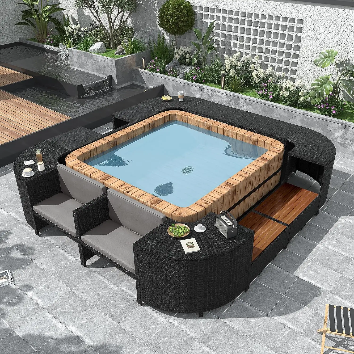 Patio Rattan Sofa Set with Wooden Seats & Storage, Quadrilateral Spa Surround Tub Frame for Outdoor Backyard, Grey, Customized