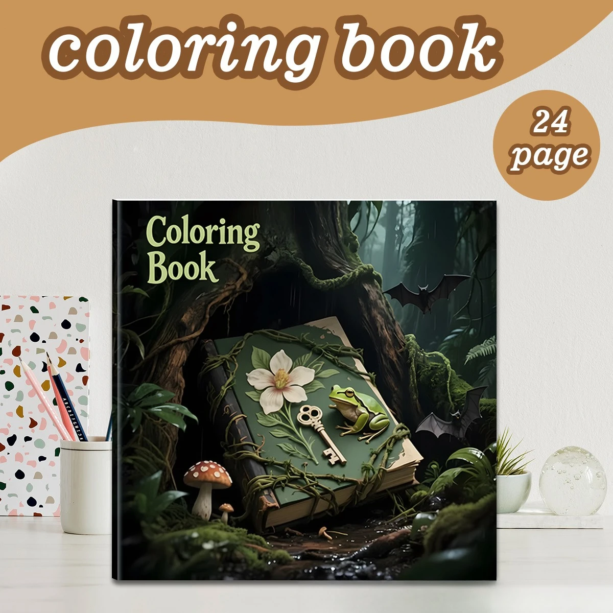 Mystic Enchanted Forest Coloring Book Vintage Magic Book Frog Red Spotted Mushroom Bat Dark Mossy Wood Witchy Sketch Notebook view 2