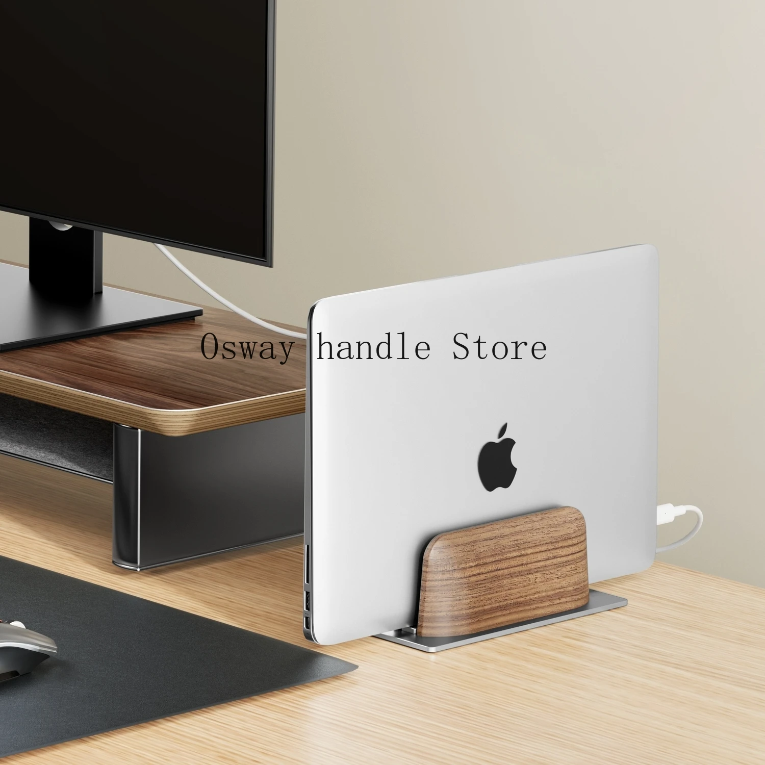 Vertical Laptop Stand for Desk, Black Walnut Wood and Aluminium Laptop Holder for All MacBook, Surface, Samsung, HP, Dell