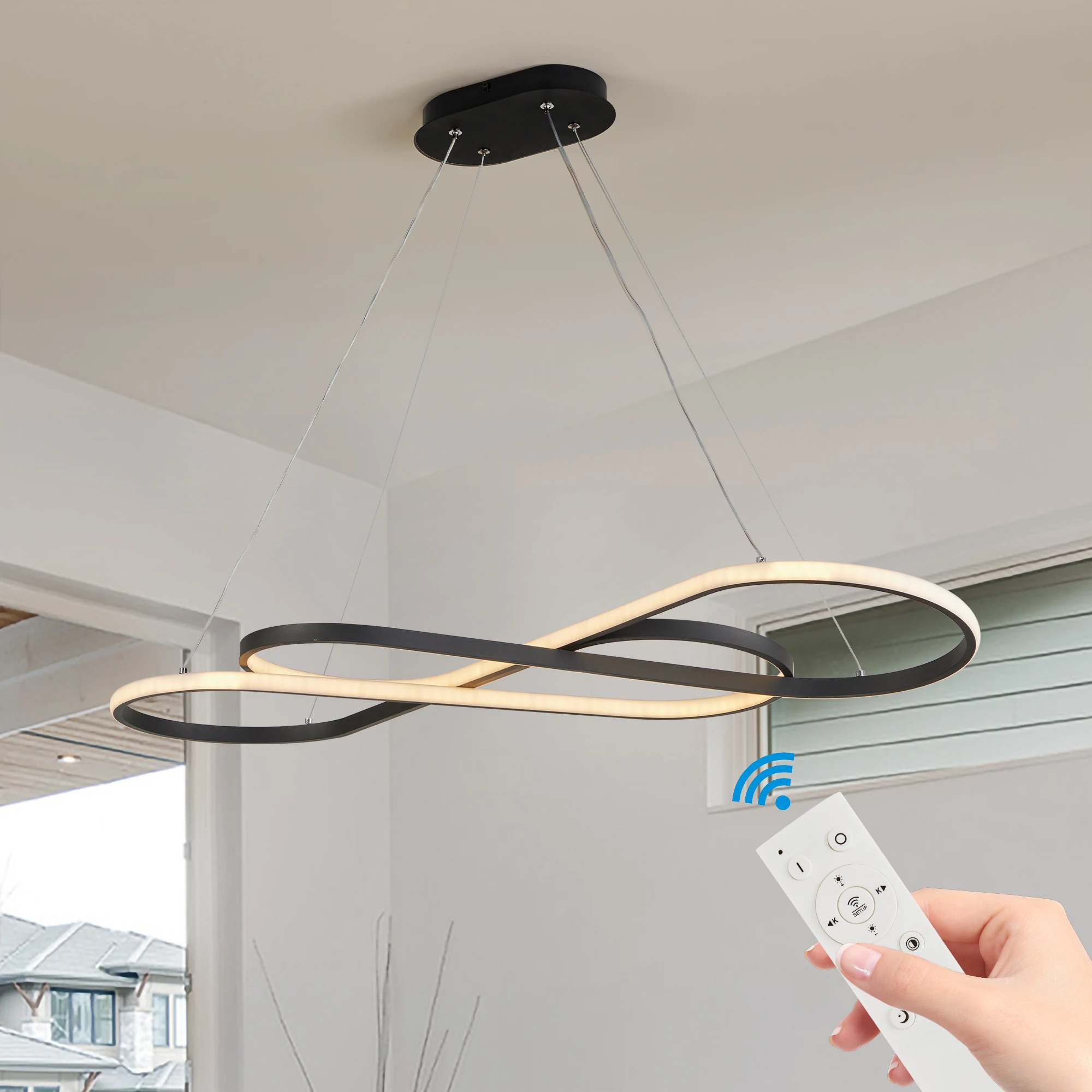 

Modern LED Pendant Light, Infinity Design Hanging Ceiling Fixture, Adjustable Height ceiling lamp, Dimmable Black Finish