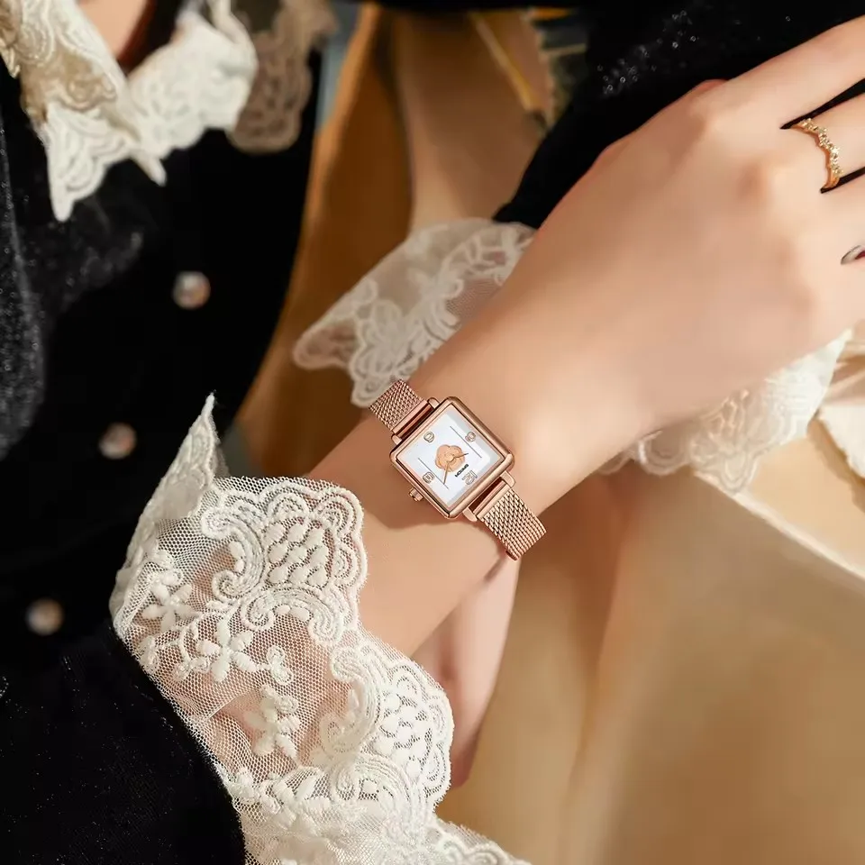 SANDA 1131 relojes de cuarzo de diseño elegante para mujer, reloj de pulsera resistente al agua con esfera cuadrada rosa a la moda para mujer, reloj de pulsera para mujer