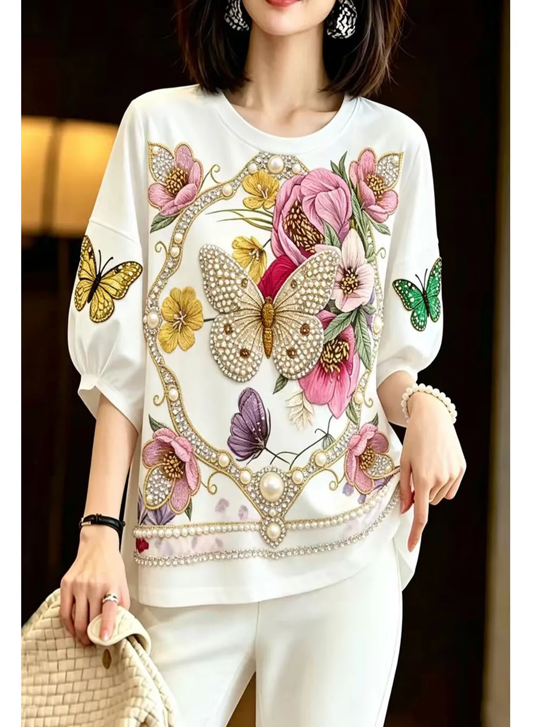 Elegant  Flower Heavy Work T-Shirt Korean Style Commute Fashion Summer Casual Women's Top High End Feeling