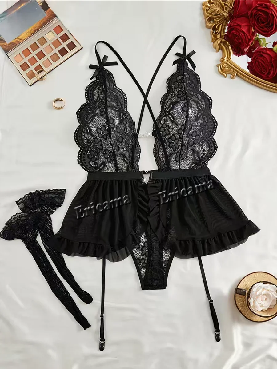 

Women's Sexy Halter Halter Dress Open Bra Set Crotchless Tight Solid Pajamas Lace Hollow Lingerie Set Erotic Underwear Set