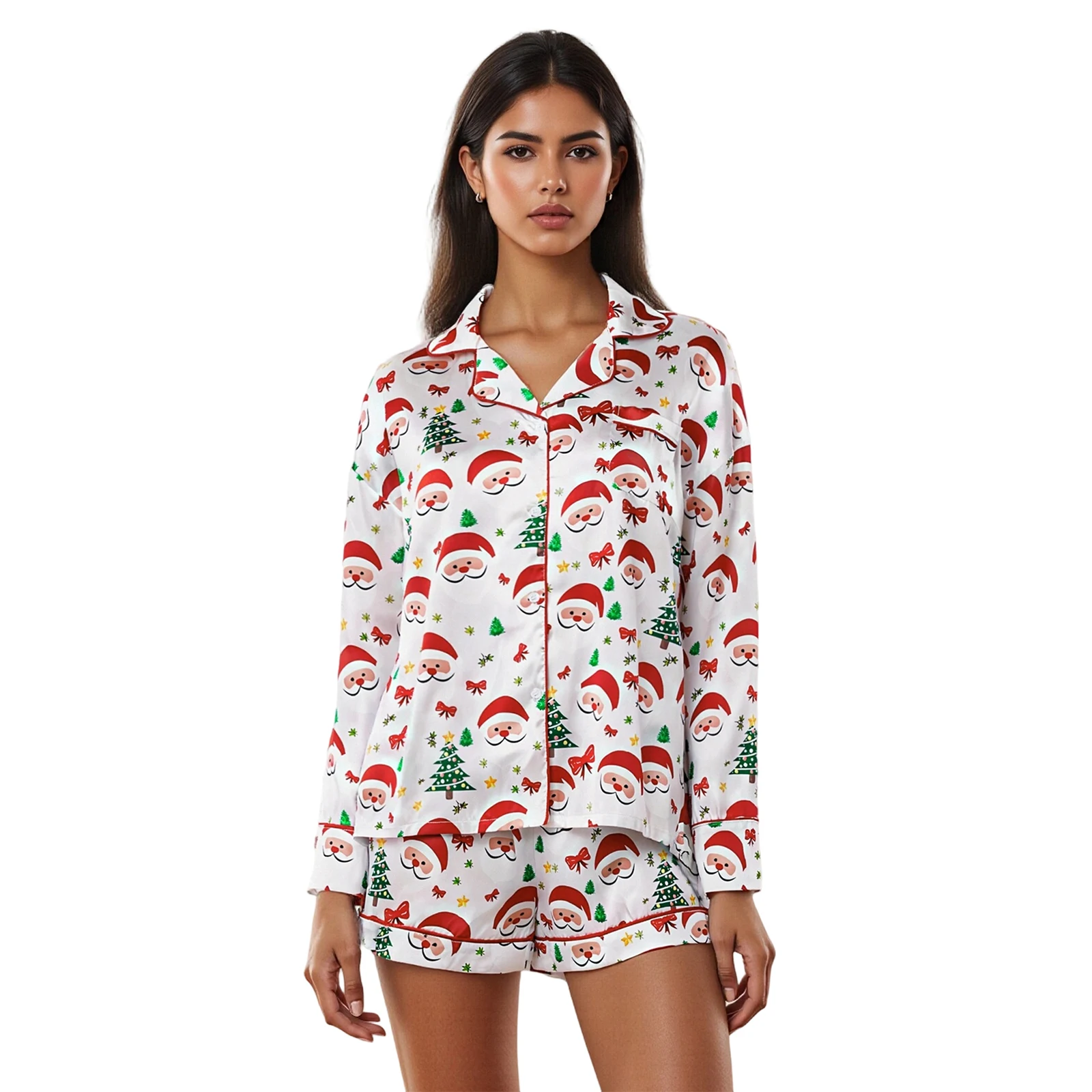 

Женский рождественский пижамный комплект с длинными рукавами и лацканами Санта-Клауса, рубашка с принтом рождественской елки, шорты, одежда для сна