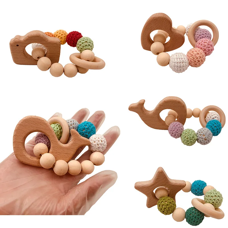 

Baby Teething Toys Wooden Teethers BPA Free Wood Chewable Toys Natural Beech Baby Teething Ring Rattles