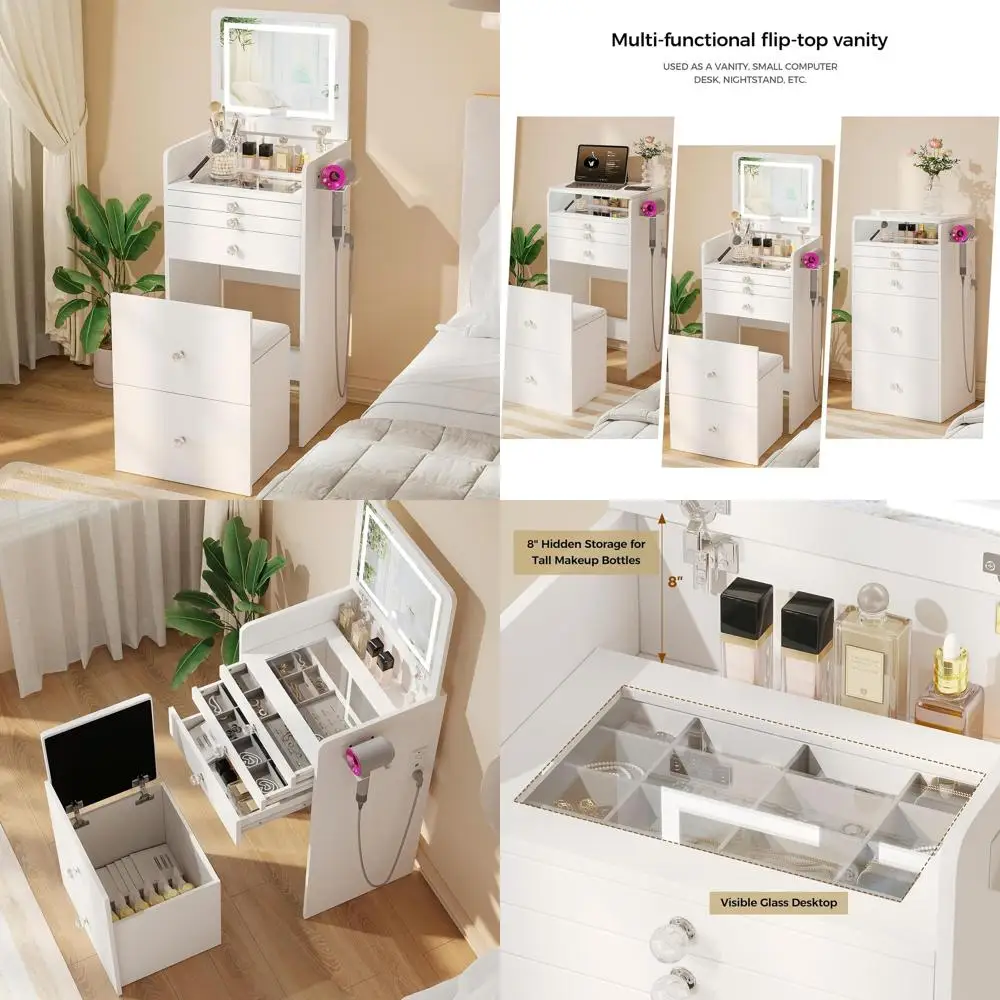 3-in-1 Vanity Desk with lip Top LED Light Mirror and Glass D