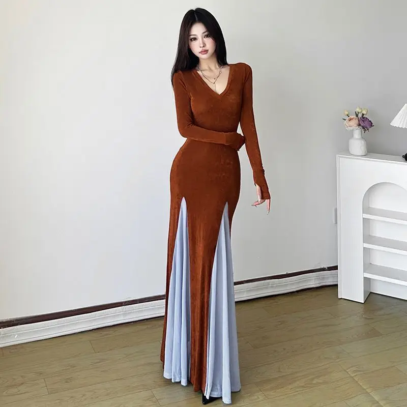 Mulheres vintage elegante contraste cor retalhos vestidos de festa à noite y2k sexy decote em v manga longa bodycon clube maxi vestido