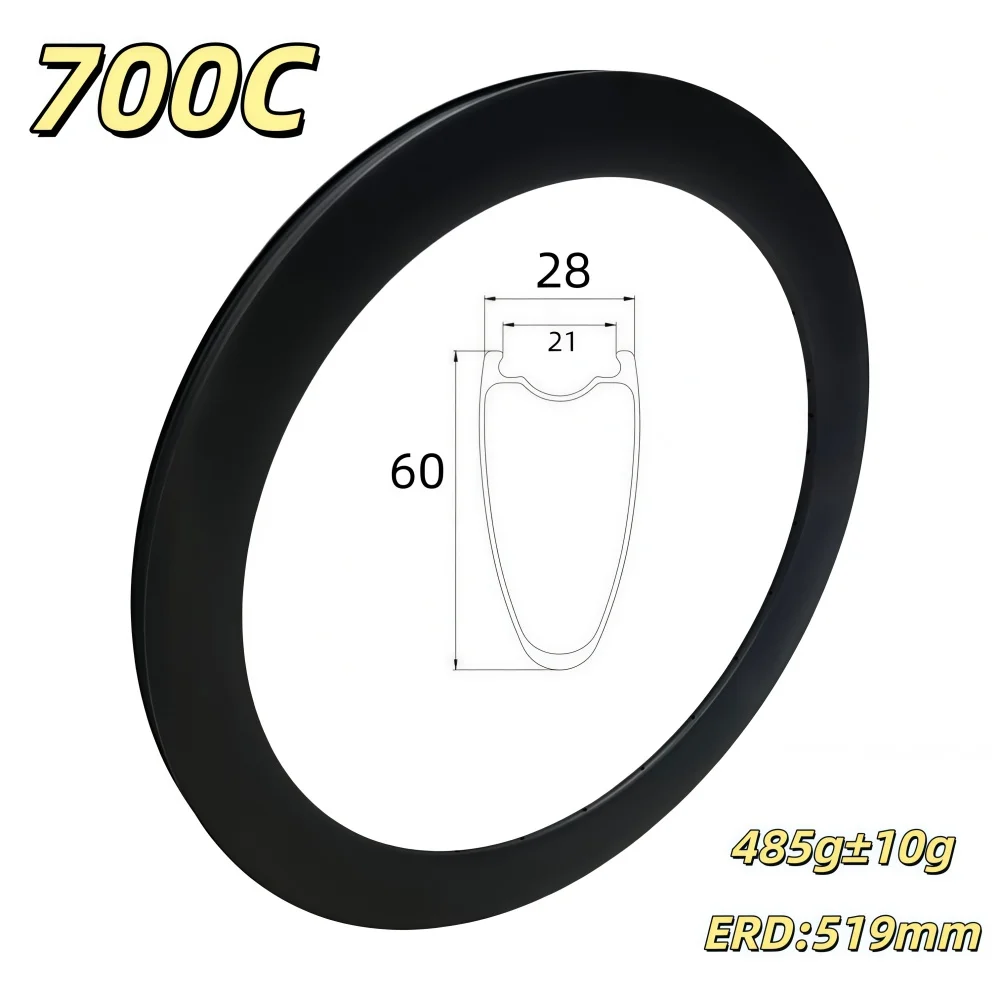 

60mm Hight 28mm Outer Wide 700C Road Bike Carbon Rims Tubeless Disc Brake Symmetry Super Light Road Bike Carbon Rims