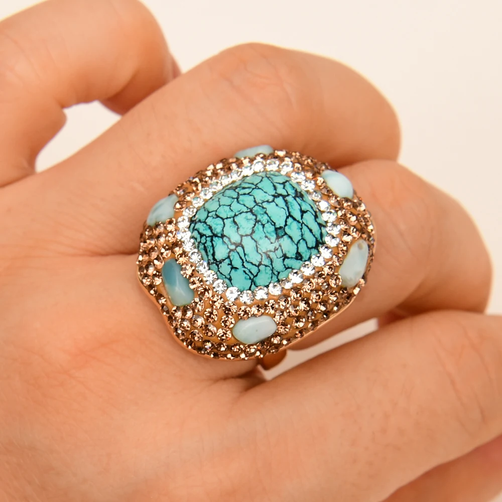 APDGG Adjustable Ring Blue Druzy Turquoise Larimar Gold Plated Ring Trimmed CZ Macarsite Handmade For Women