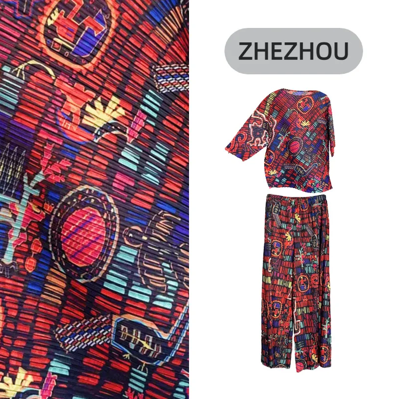 

Miyake Folds 2025 New Autumn and Winter Graffiti Print Suit Female Loose Fashion Fashionable Casual Top Trousers Two-piece Set