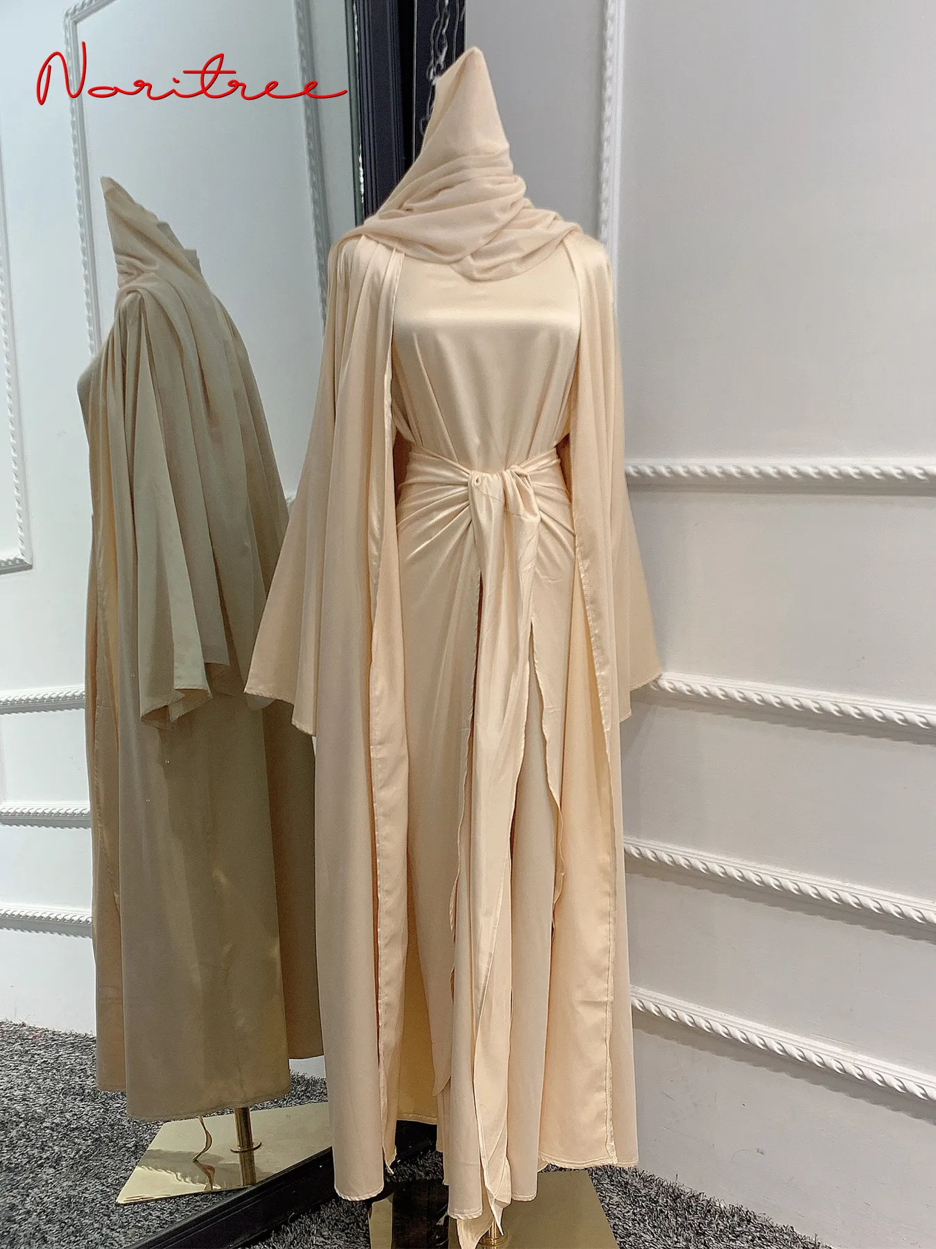 Kaftan Abaya en Satin pour Femme, Ensemble 3 Pièces, Dubaï, Turquie, Islam, Arabe, Musulman, Robe Longue, Kimono, WY687