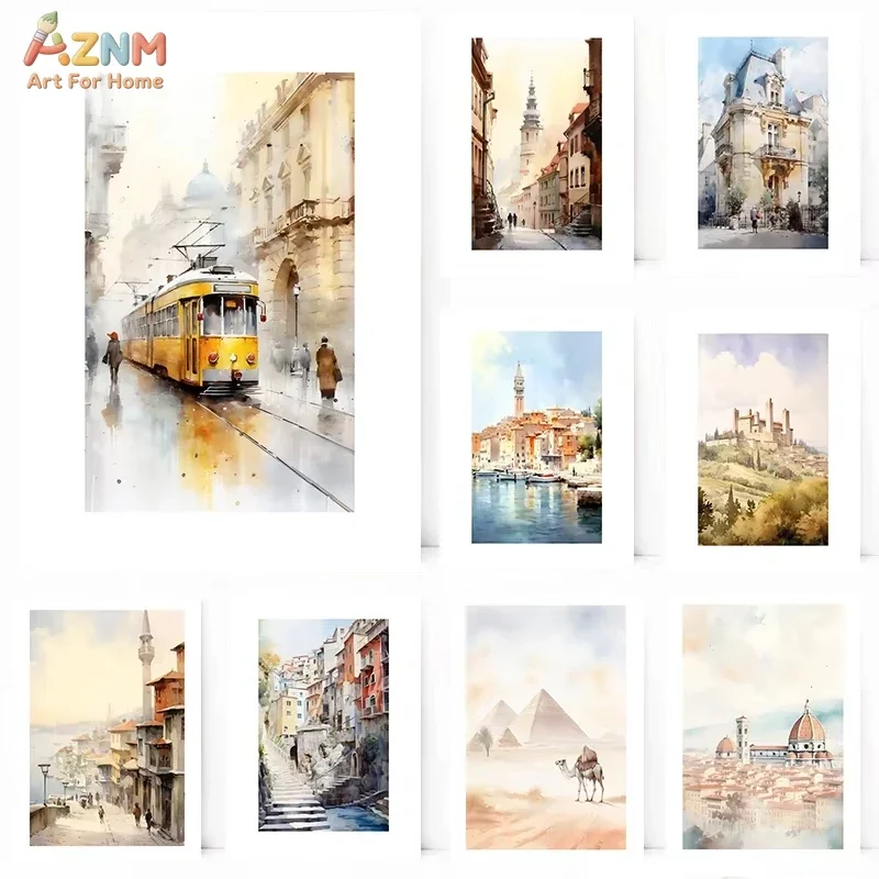 AZNM Watercolor World City Landscape Canvas Wall Art Vintage Tram Pyramid Florence Building Travel Print Home Decor Unframed Pos