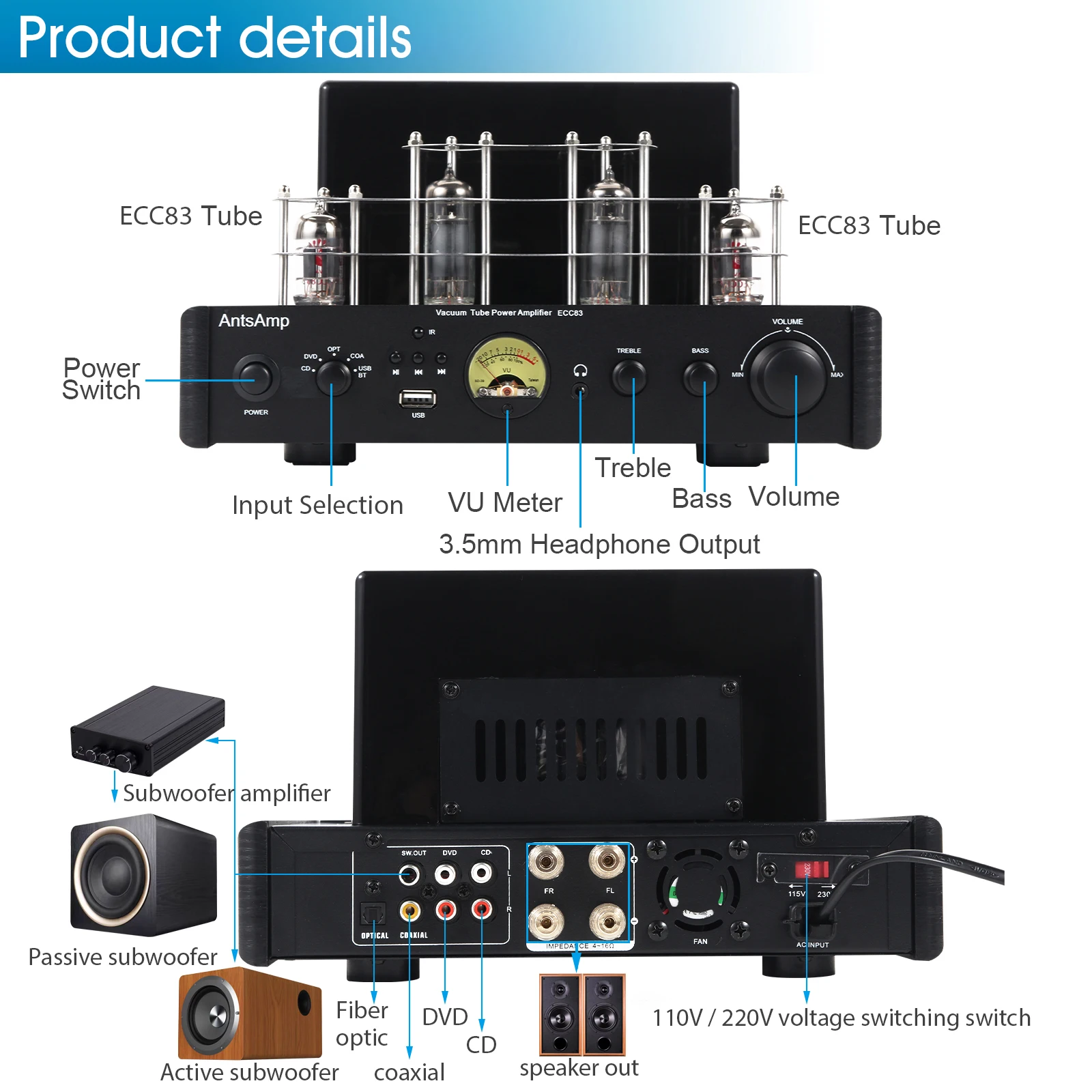 Imagem -03 - Integrado Amplificador Vácuo Tubo Híbrido Classe a b 80w Rms Home Audio Hifi Vintage Amplificador Stereo Receptor Dac Ecc83 12ax7 Canais