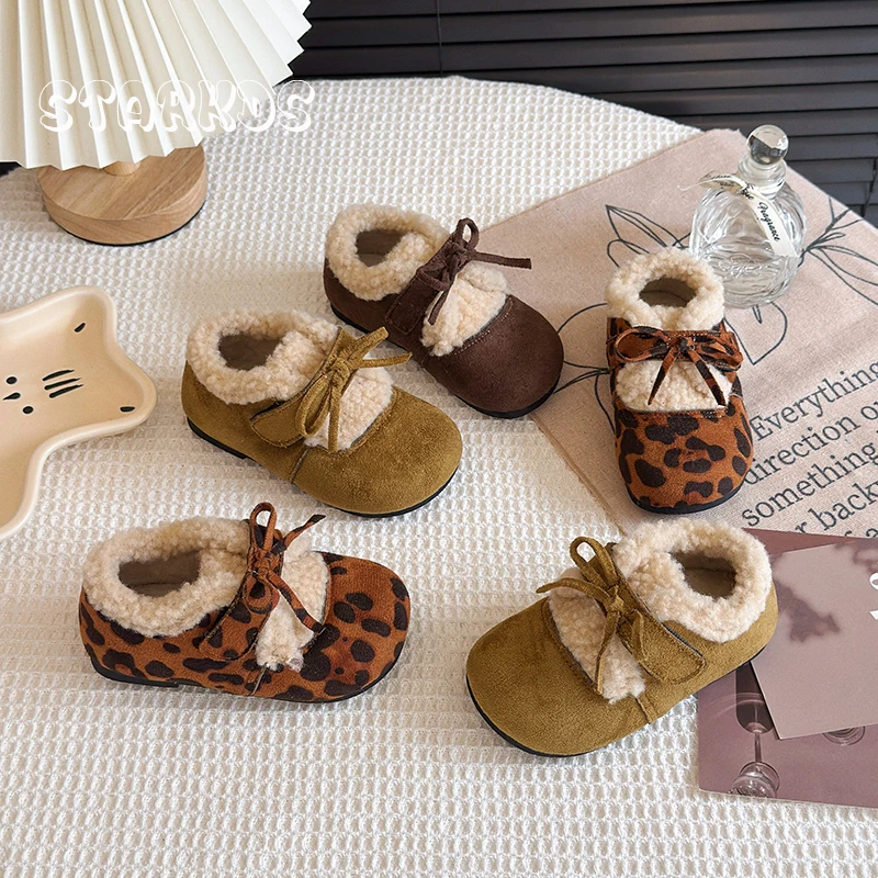 

Soft Lambswool Loafers Kid Girls Thick Fur Bowknot Design Flat Shoes Baby Child Leopard Printed Winter Warm Cotton Shoes