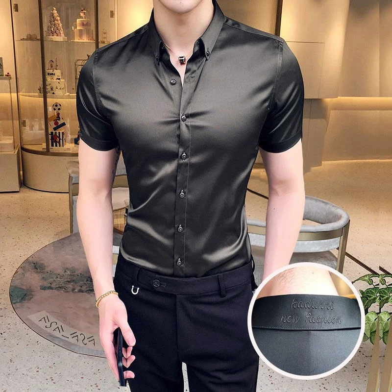 Neckline Embroidery Shirts Men Summer Short Sleeve Slim Fit Casual Shirt Men Solid Color Business Party Dress Shirt Streetwear