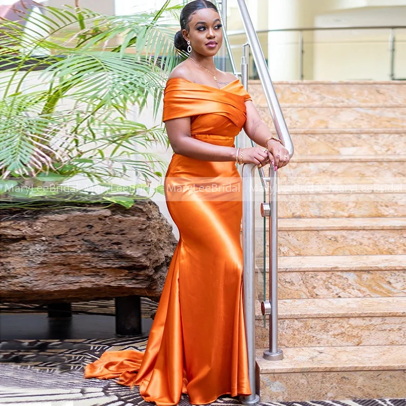 Orange Satin Mermaid Bridesmaid Dresses Off Shoulder Pleated Formal Party Gowns for Black Women Wedding Guest Dress Customized