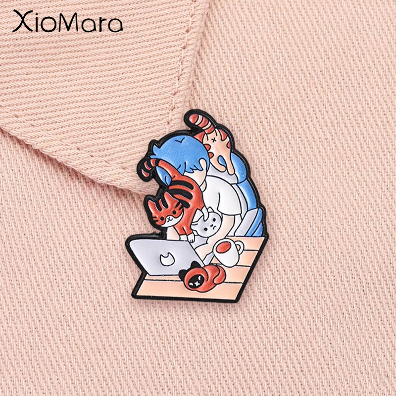 Cute Working From Home Cat Enamel Pin Remote Worker Kawaii Multi Kitten Animal Brooch Lapel Badge Jewelry Gift for Friends