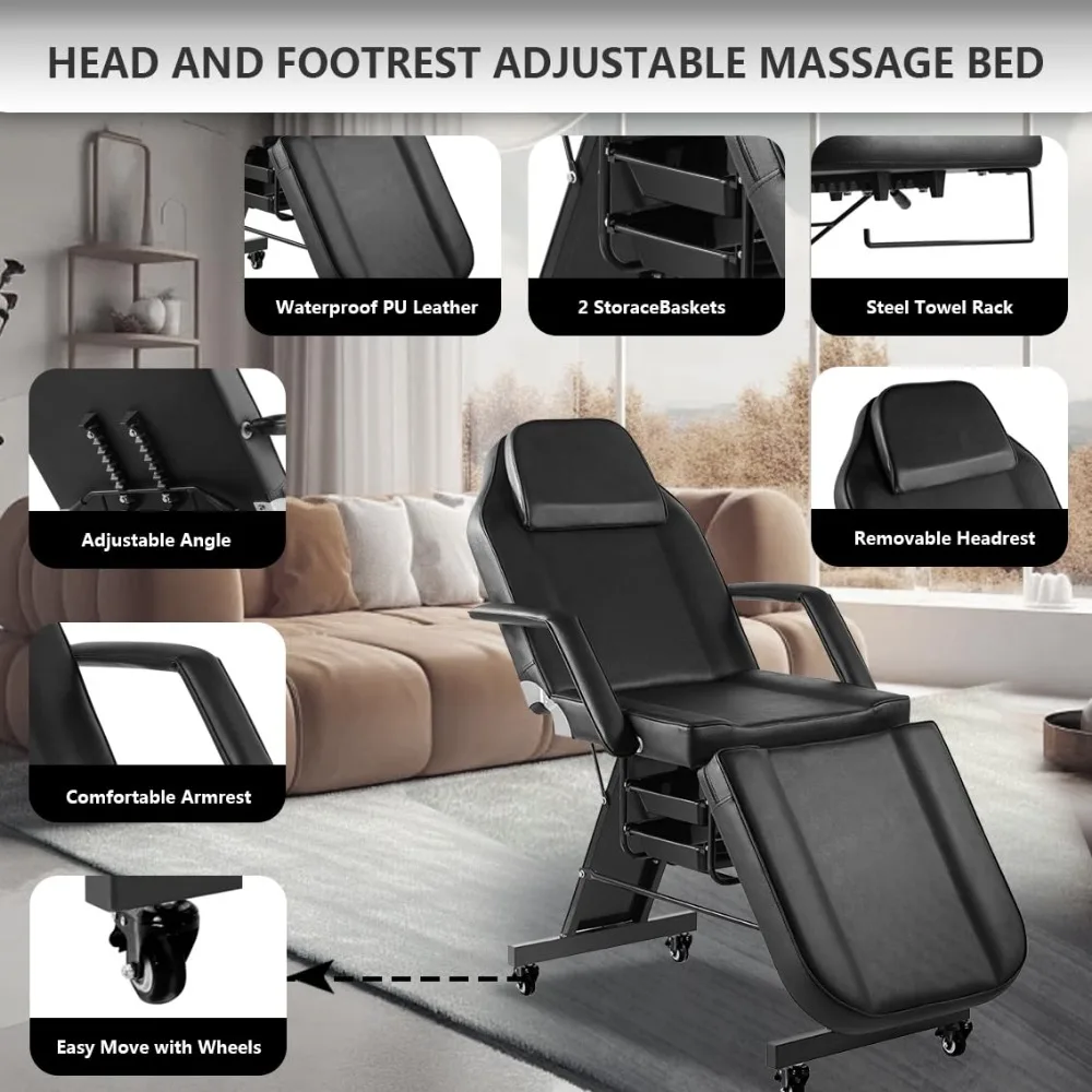 Facial Chair with Wheel Tattoo Chair for Client Beauty Chair Artist Spa Bed Removable Headrest for Client, Esthetician, Artist, image 5