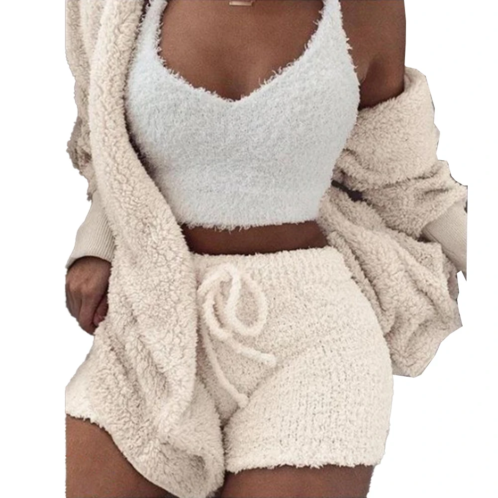 Sexy Womens Fleece Fluffy Fur Coat Deep V Neck Plush Tank Top Shorts Pyjamas Set Lounge Wear Loose Casual Keep Warm Nightwear