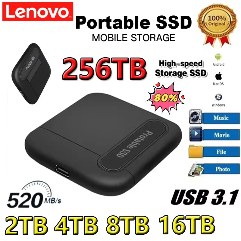 

Оригинальный внешний жесткий диск Lenovo 2 ТБ, 4 ТБ, 8 ТБ, портативный SSD-накопитель USB 3.1, устройство хранения данных для ноутбуков и настольных ПК