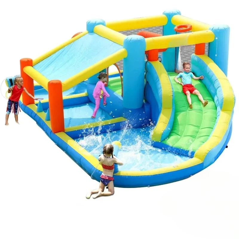 Inflatable Water Slide Bounce House for Kids Backyard Splash Pool Bouncy Castle Wet and Dry