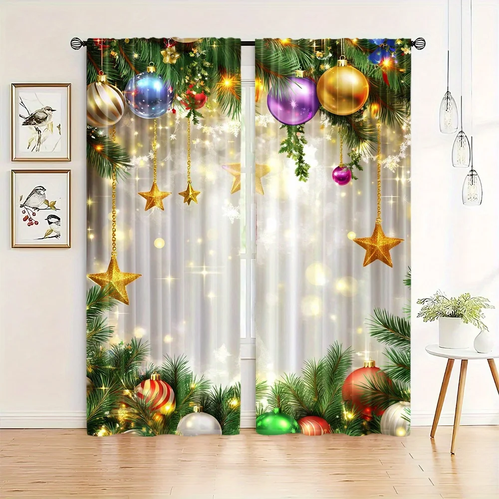 2pcs Set Christmas-Themed Curtains - Digital Print Rod Pocket Design Polyester  Perfect for Living Room Kitchen Bedroom Windows