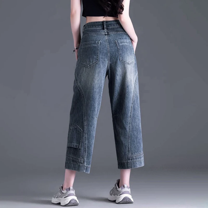 กางเกงยีนส์ทรงหลวมเอวสูง แฟชั่นทันสมัย ช่วยให้ดูผอมเพรียว เรียบง่าย ใช้งานได้หลากหลาย สไตล์เรโทร แต่งผ้าแบบปะติด ทรงขาบานกว้างแบบมีรอยตัดโค้งมน