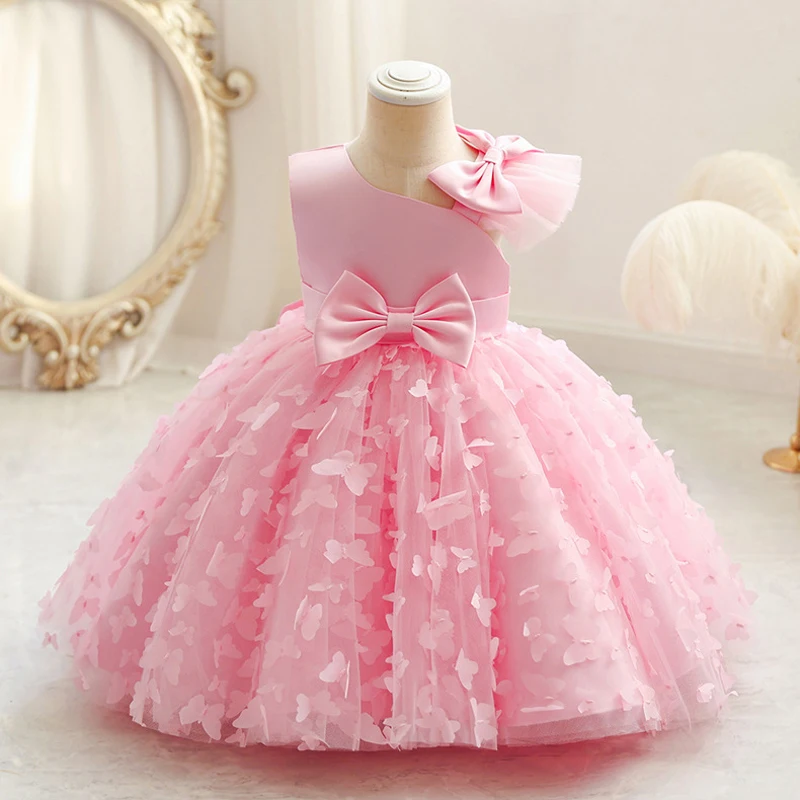 Bow Baby Girls White Baptism Dress Butterfly Tulle Infant Baby 1st Birthday Wedding Gown Flower Girl Tutu Princess Party Dresses