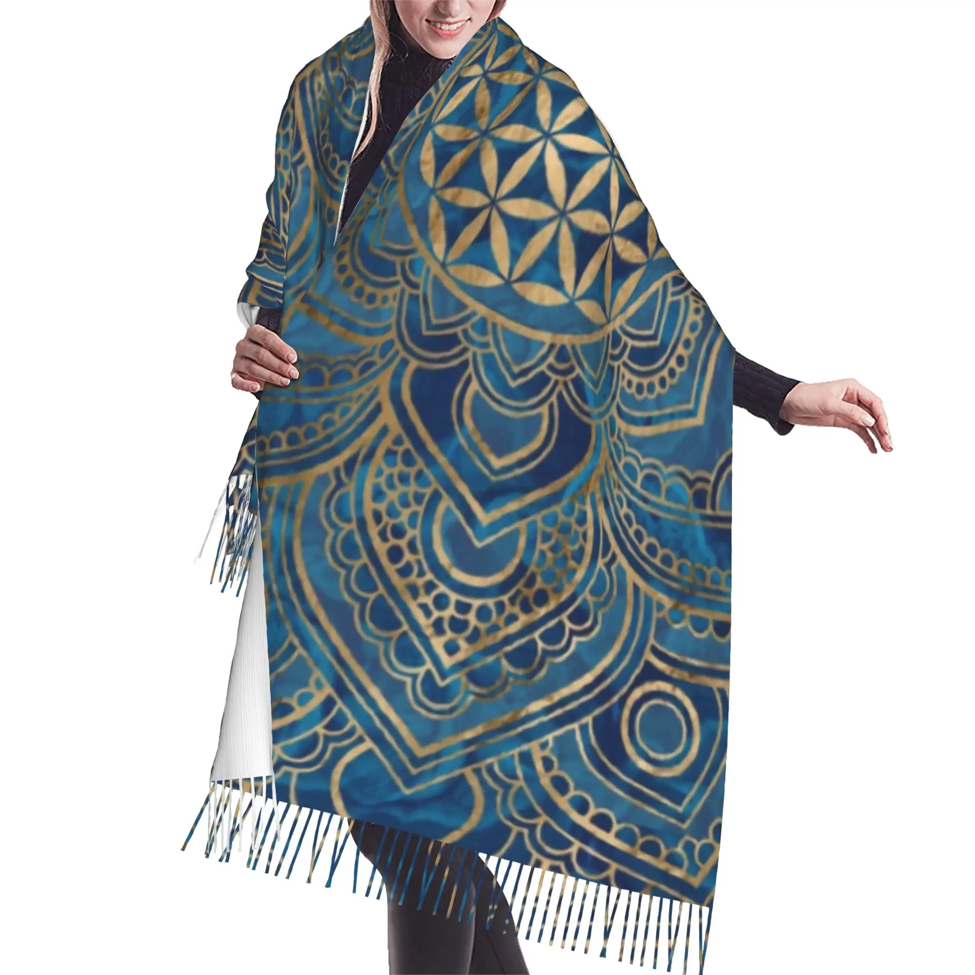Custom Female Large Flower of Life in Lotus Mandala Scarves Women Winter Fall Thick Warm Tassel Shawl Wrap Buddhism Scarf
